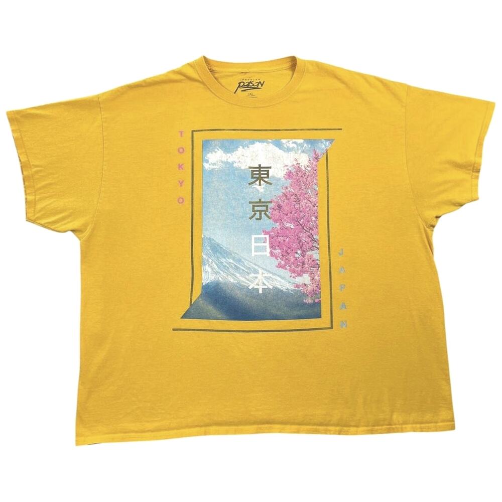 Tokyo Japan Graphic Tee Yellow Mount Fuji Cherry Blossom Tourist T-Shirt - 3XL